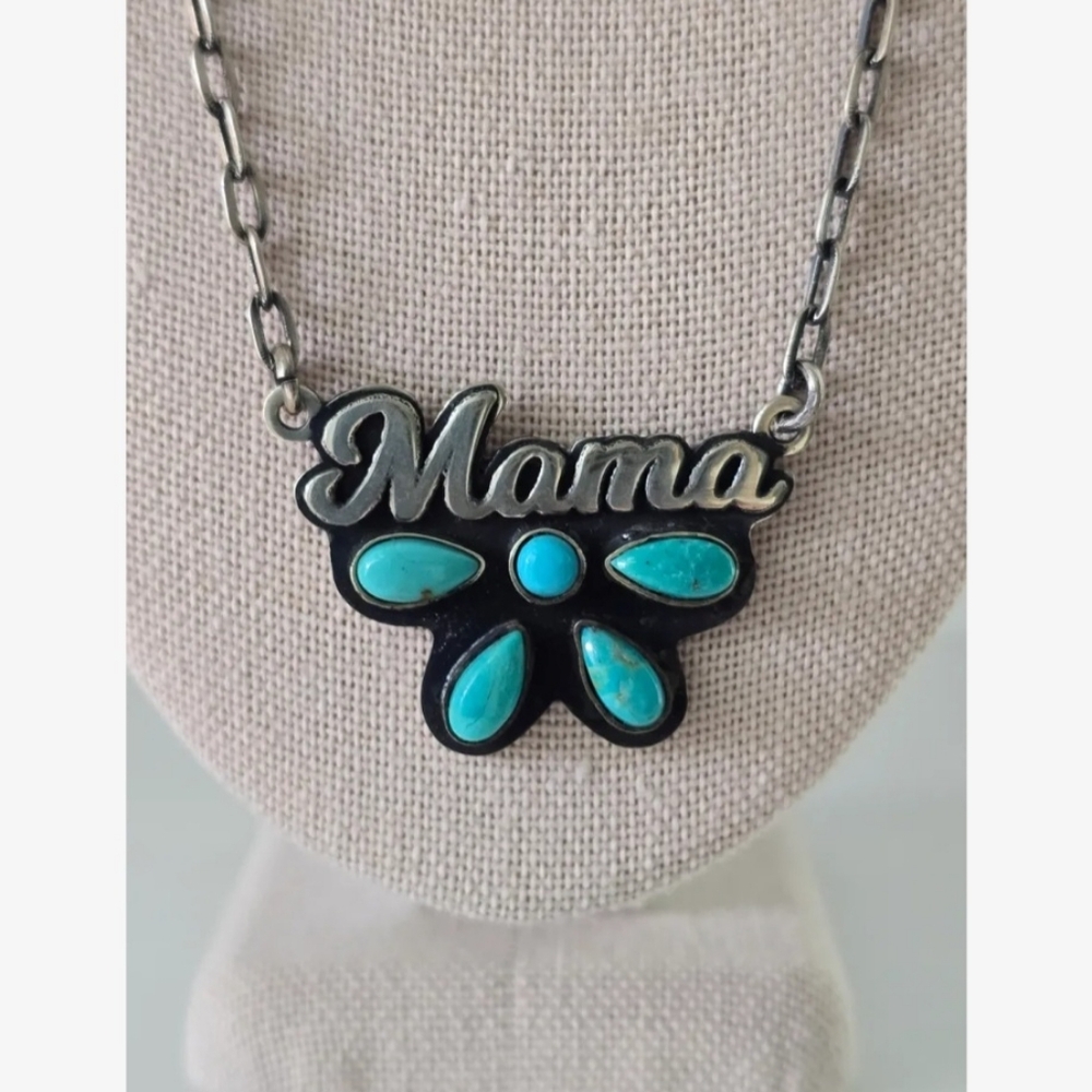 Mama Pendant Necklace in Turquoise and Silver